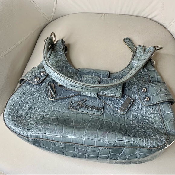 Guess Satchel Handbag Light Blue Faux Croc Bow - Picture 2 of 6